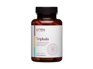 Prajna Ayurveda Triphala del Dr. Chaudhary con Amla, Haritaki y Bibhitaki es una fórmula rejuvenecedora que se utiliza tradicionalmente para una digestión y eliminación adecuadas, vegana, sin gluten, sin soja, orgánica