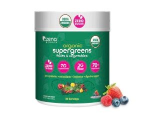 Polvo SuperGreens orgánico Zena Greens | Bañera de 30 días | Más de 70 ingredientes de superalimentos | Fibra 3G | 0 Azúcar | Frutas, verduras, hierbas, hidratación, antioxidantes, prebióticos y probióticos y mezclas digestivas