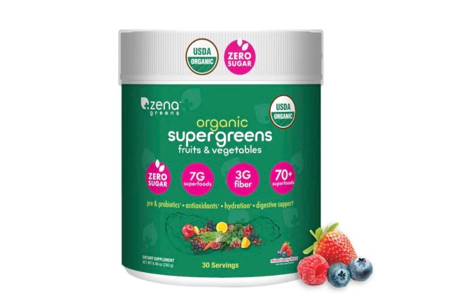 Polvo SuperGreens orgánico Zena Greens | Bañera de 30 días | Más de 70 ingredientes de superalimentos | Fibra 3G | 0 Azúcar | Frutas, verduras, hierbas, hidratación, antioxidantes, prebióticos y probióticos y mezclas digestivas