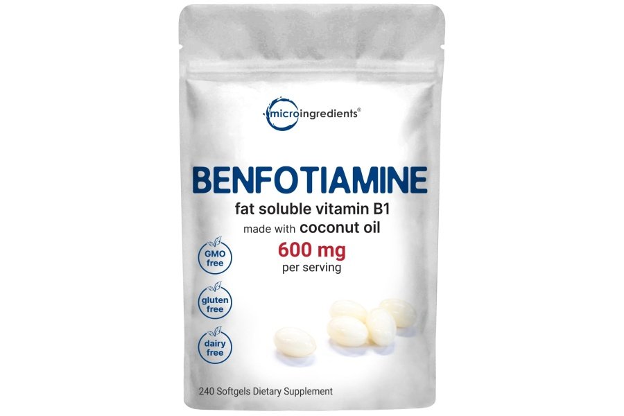 Micro Ingredients Vitamina B1 Benfotiamina 600 mg por porción, 240 cápsulas blandas de aceite de coco | Suplemento de vitaminas B biodisponibles, convertido en tiamina activa | Sin OGM, sin soja