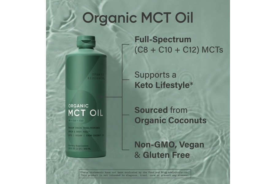 Sports Research Keto MCT Aceite de cocos orgánicos - Combustible de ácidos grasos para el cuerpo + cerebro Triple ingrediente C8, C10, C12 MCT Perfecto en café, té y más Vegano sin OGM sin sabor (32 oz) - Image 4