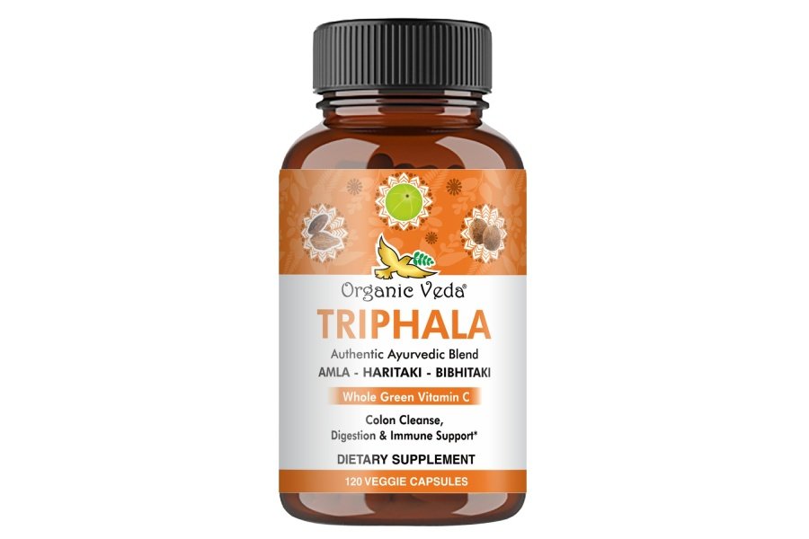 Cápsulas orgánicas Veda Triphala con frutas naturales Amla, Haritaki, Bibhitaki - Suplemento dietético en polvo de Triphala a base de hierbas para limpieza de colon, sistema digestivo y apoyo inmunológico - Vegano, sin gluten - 120 unidades
