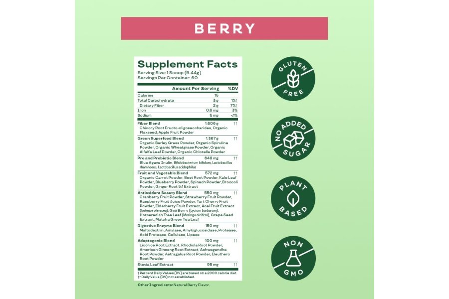 Bloom Nutrition Superfood Greens Powder, enzimas digestivas con probióticos y prebióticos, salud intestinal, alivio de la hinchazón para mujeres, clorella, mezcla de jugo verde con polvo de raíz de remolacha, 60 SVG, baya - Image 4