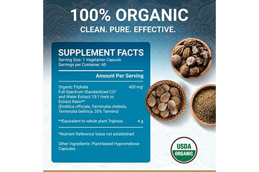 Cápsulas Triphala – Certificación orgánica USDA | Tabletas veganas de Triphala | Suplemento de triphala guggulu a base de hierbas 100% natural | Potencia del extracto de fusión natural | Ayurveda | 60 cápsulas | Trifala Churna - Image 5