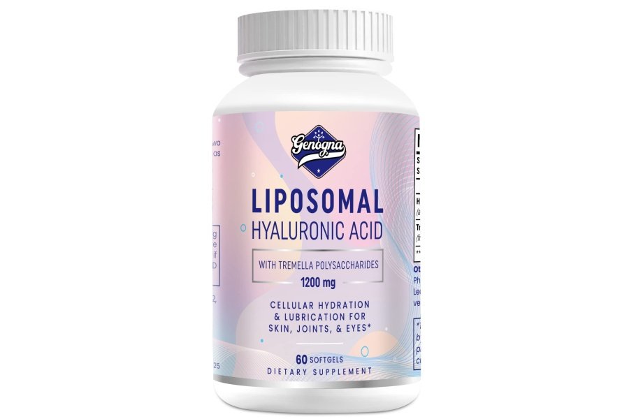 Genogna Suplementos de ácido hialurónico liposomal 1000 mg, cápsulas de ácido hialurónico dietético de alta biodisponibilidad con polisacáridos Tremella, hidratación de la piel de doble fuerza, lubricación de las articulaciones, 1 paquete