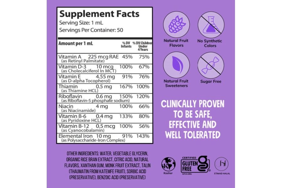 NovaFerrum Yum | Multivitamínico con hierro para bebés, niños pequeños y niños | Apoyo inmunológico | Edades 4 y menores | Certificado sin gluten | Sin azúcar | Uva frambuesa | 50 porciones - Image 3