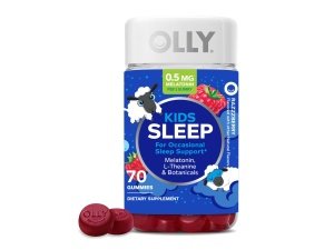 OLLY Kids Sleep Gummy, apoyo ocasional para dormir, 0,5 mg de melatonina, L teanina, extractos de manzanilla y bálsamo de limón, suplemento masticable para niños, sabor a frambuesa, 70 unidades (el embalaje puede variar)