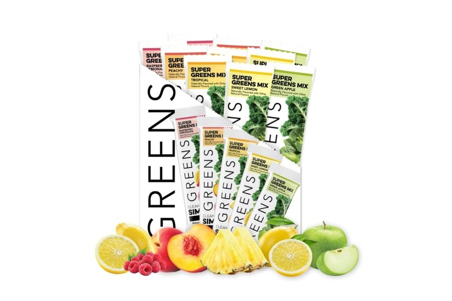Clean Simple Eats Greens Variedad, paquete de 10, mezcla de polvo verde, repleto de superalimentos Chlorella y espirulina, incluye 5 deliciosos sabores: melocotón, manzana verde, limonada de frambuesa, limón dulce y tropical