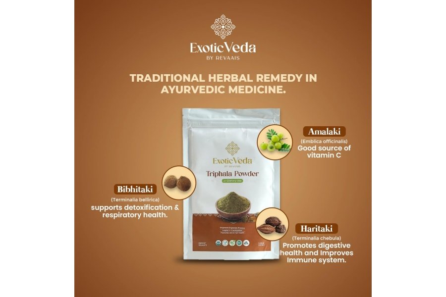 Polvo triphala orgánico Veda exótico | Salud inmune intestinal ayurvédica Densa en nutrientes, vegana, sin gluten Amla, Haritaki, Bibhitaki | Ayudas en la digestión | Sin OGM 100% Vegano (100g) - Image 4