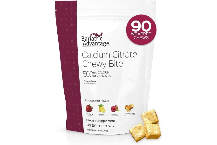 Bariatric Advantage Citrato de calcio masticable picaduras 500 mg - para pacientes de cirugía bariátrica - Vitamina D3 - Suplemento de calcio masticable sin azúcar - Masticables de calcio bariátrico - Fruta variada - 90 unidades