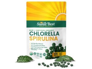Sunlit Best Organic Chlorella Spirulina 500 tabletas - Suplemento puro de superalimento Spirulina Chlorella Pastillas con algas de pared celular rotas y agrietadas, clorofila y proteína vegana, más potente que las cápsulas
