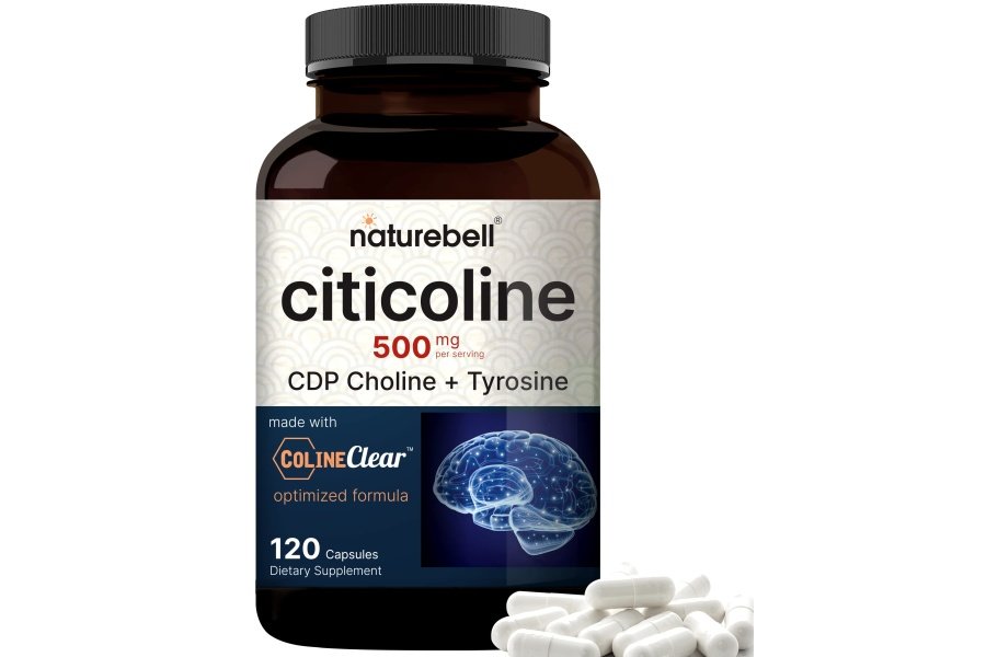 Suplementos de citicolina NatureBell, colina CDP, citicolina 500 mg más tirosina 50 mg por porción, dosis optimizada, 120 cápsulas, fórmula 2 en 1, suplemento cerebral de doble acción, sin OGM