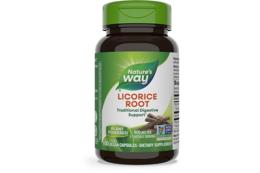 Nature's Way Cápsulas de raíz de regaliz para adultos, suplemento tradicional de apoyo a la salud digestiva*, 900 mg por porción, 100 cápsulas veganas