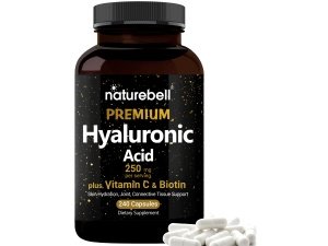 NatureBell Suplementos de ácido hialurónico 250 mg | 240 cápsulas, con biotina 5000 mcg y vitamina C 25 mg, soporte 3 en 1: hidratación de la piel, lubricación de las articulaciones, salud del cabello y los ojos
