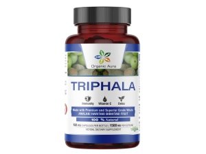 Cápsulas Triphala Premium Aura Orgánica. 150 cápsulas vegetales HPMC de 1500 mg por porción. Elaborado con Nutritivo Triphala. Apoyo a la digestión natural y la limpieza del colon. 100% totalmente natural.