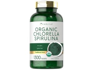 Tabletas de clorella espirulina orgánica Carlyle | 1300 cuentas | Mezcla 50/50 | Sin OGM y sin gluten
