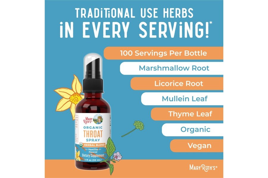 Spray para la garganta orgánico USDA con hoja de gordolobo de MaryRuth's | Raíz de malvavisco, raíz de regaliz y hoja de tomillo | Vainilla | 4 mezclas de hierbas | Sin OGM | Vegano | Sin gluten | 1 onza líquida | Hasta 100 porciones - Image 3