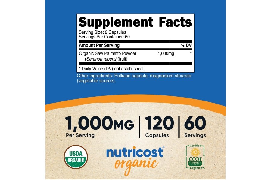 Nutricost Saw Palmetto 1000 mg, 120 cápsulas - Certificado CCOF hecho con Saw Palmetto orgánico, apto para vegetarianos, 60 porciones, 500 mg por cápsula, sin gluten - Image 2