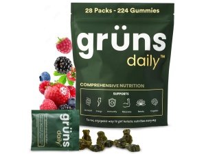 Gruns Daily Gummies, Super Greens Gummies - Espirulina y clorella orgánicas, prebióticos para la salud digestiva e intestinal - Superalimento verde, multivitaminas y minerales - 224 osito de goma
