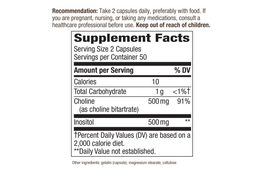 Nature's Way Colina e Inositol - 1000 mg - Apoya la salud cerebral y la energía celular* - Suplemento de bitartrato de colina - Sin gluten - 100 cápsulas - Image 2