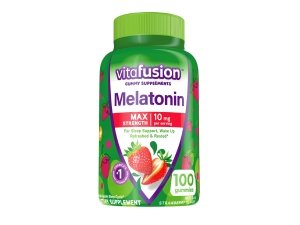 Suplementos de goma de melatonina Vitafusion Max Strength, sabor a fresa, 10 mg de suplementos para dormir de melatonina, la marca de vitaminas de goma número 1 de Estados Unidos, suministro para 50 días, 100 unidades
