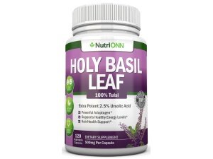 NutriONN Cápsulas de hoja de albahaca santa - 500 mg - 2,5 % de ácido ursólico - 120 cápsulas veganas - Suplemento de extracto de tulsi real - Mentalidad positiva - Hierba adaptógena y ayurvédica