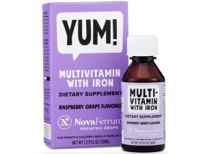 NovaFerrum Yum | Multivitamínico con hierro para bebés, niños pequeños y niños | Apoyo inmunológico | Edades 4 y menores | Certificado sin gluten | Sin azúcar | Uva frambuesa | 50 porciones