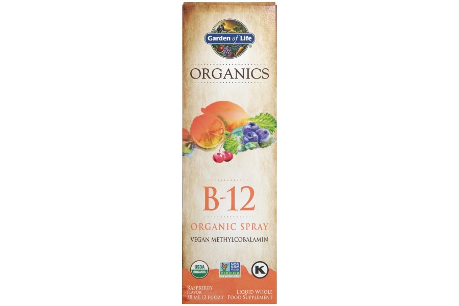 Garden of Life Organics Vitamina B12 - Alimento integral B-12 para metabolismo y energía, frambuesa, líquido de 2 oz