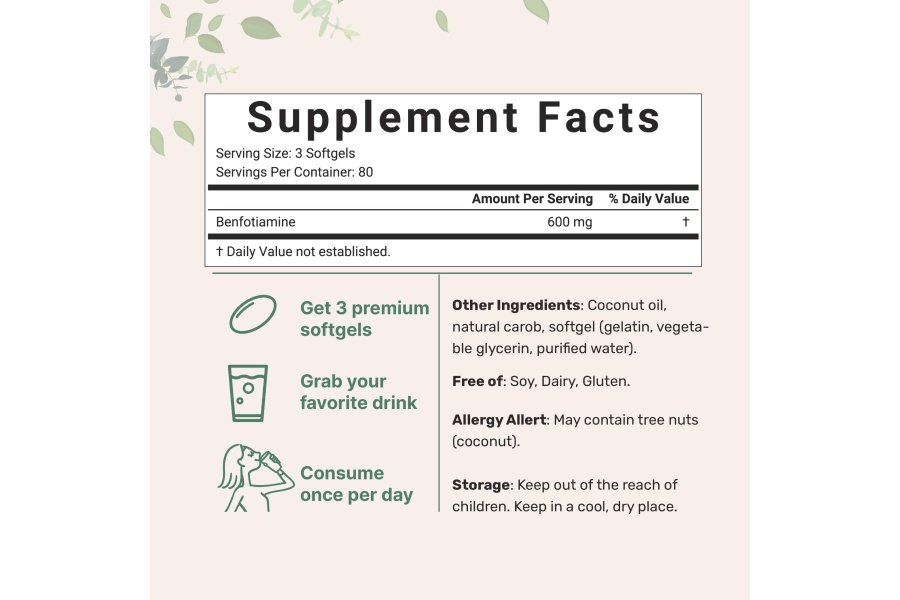 Micro Ingredients Vitamina B1 Benfotiamina 600 mg por porción, 240 cápsulas blandas de aceite de coco | Suplemento de vitaminas B biodisponibles, convertido en tiamina activa | Sin OGM, sin soja - Image 2