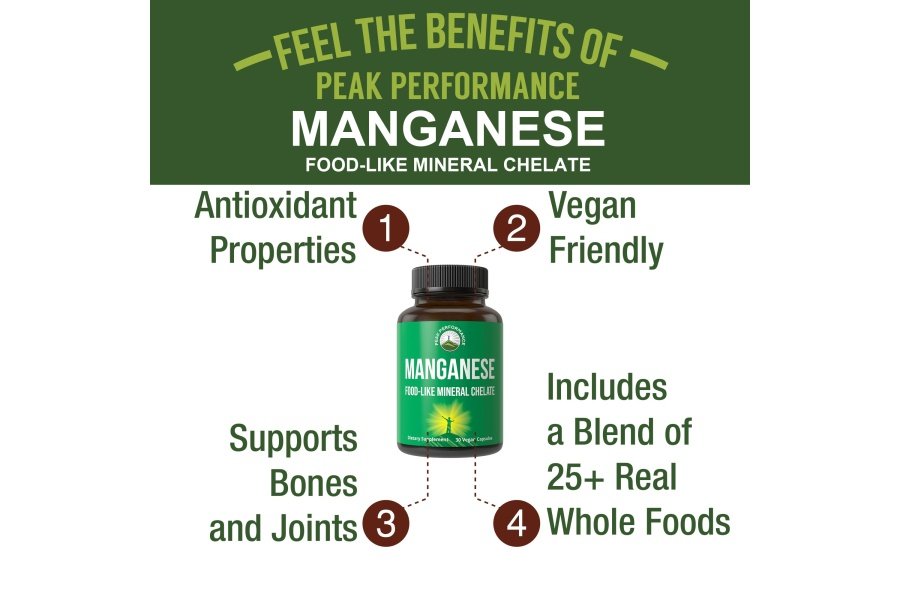Suplemento de manganeso como alimento mineral quelado para una absorción superior con una mezcla de alimentos integrales de más de 25 frutas y verduras. Cápsulas de oligoelementos puros para el tejido conectivo, la salud ósea y el apoyo enzimático - Image 2