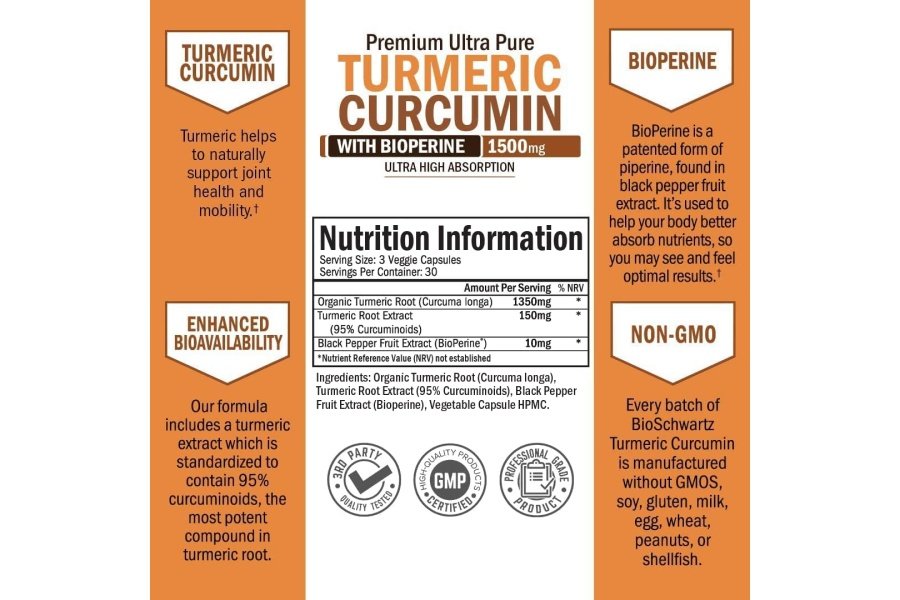 Curcumina de cúrcuma con extracto de pimienta negra 1500 mg - Suplemento de cúrcuma ultra potente de alta absorción con 95 % de curcuminoides y bioperina - Cápsulas de cúrcuma sin OGM para apoyo a las articulaciones - 90 cápsulas - Image 3