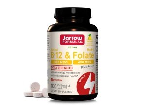 Jarrow Formulas Metil B-12 extra fuerte 1000 mcg y folato de metilo 400 mcg + P-5-P, suplemento dietético para el metabolismo de la energía celular y el apoyo cardiovascular, 100 tabletas masticables, suministro para 100 días