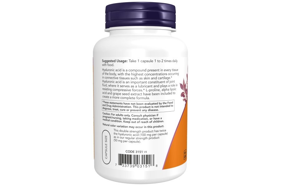 NOW Foods Suplementos, ácido hialurónico 100 mg, doble potencia con L-prolina, ácido alfa lipoico y extracto de semilla de uva, 120 cápsulas vegetales - Image 3