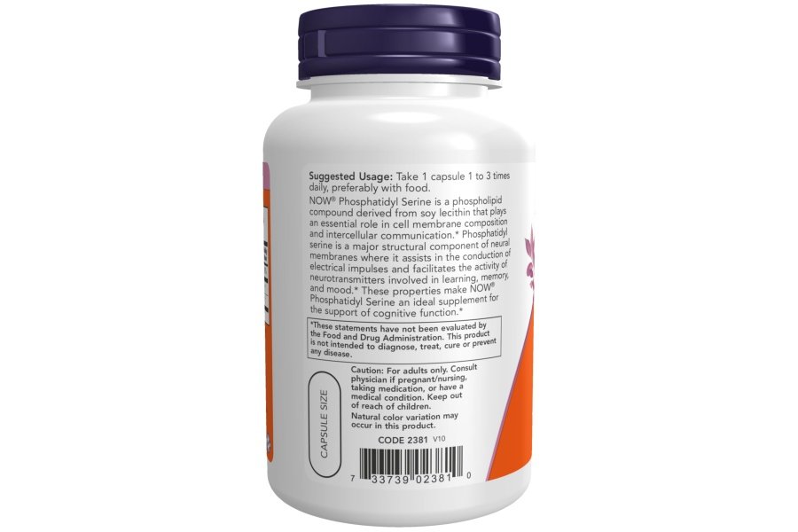 NOW Foods Suplementos, Fosfatidilserina 100 mg con compuesto fosfolípido derivado de lecitina de soja, 120 cápsulas vegetales - Image 3