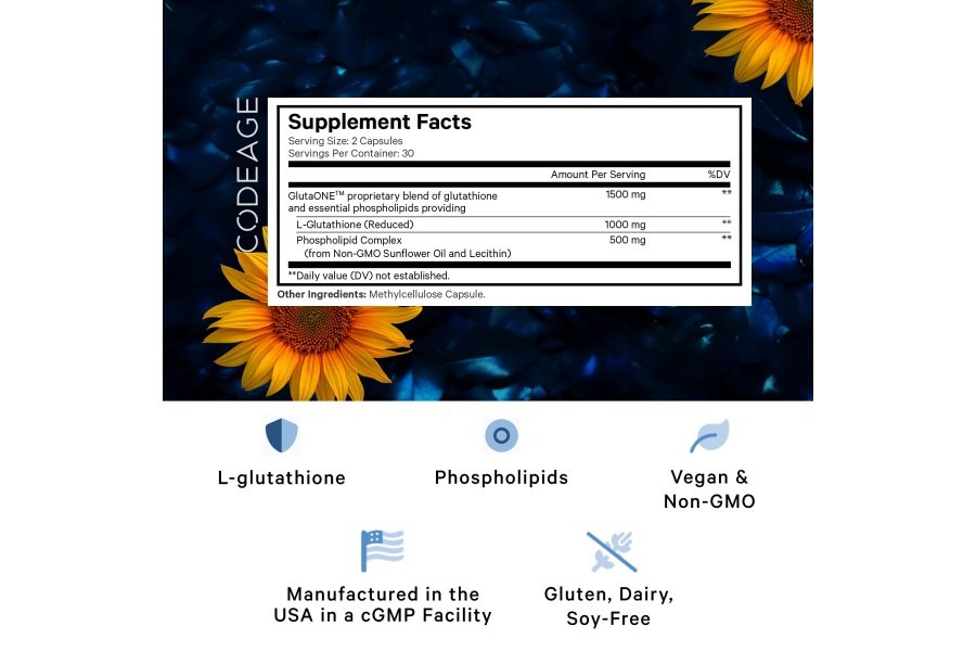 Codeage Glutatión liposomal 1000 mg, complejo de fosfolípidos antioxidantes GlutaONE, suplemento de cápsulas reducidas de L-glutatión, aceite de girasol sin OGM y fosfolípidos esenciales de lecitina, vegano, 60 ct - Image 2
