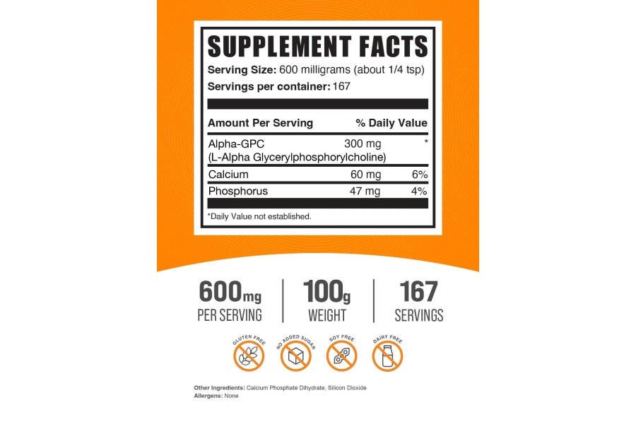 BulkSupplements.com Alpha GPC en polvo - Suplementos de colina, Alpha GPC 300 mg - Suplementos de acetilcolina, sin sabor y sin gluten, 600 mg por porción, 100 g (3,5 oz) (paquete de 1) - Image 2