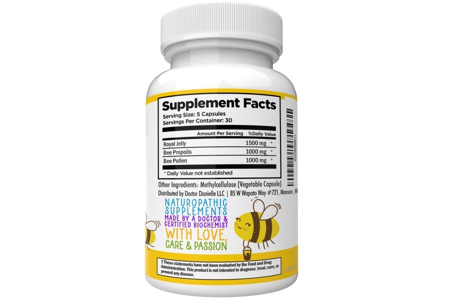 Dr. Danielle's Bee Wise - Suplemento de polen de abeja - Bee Well con jalea real, propóleo y polen de abeja en 4 cápsulas diarias de polen de abeja - Image 2
