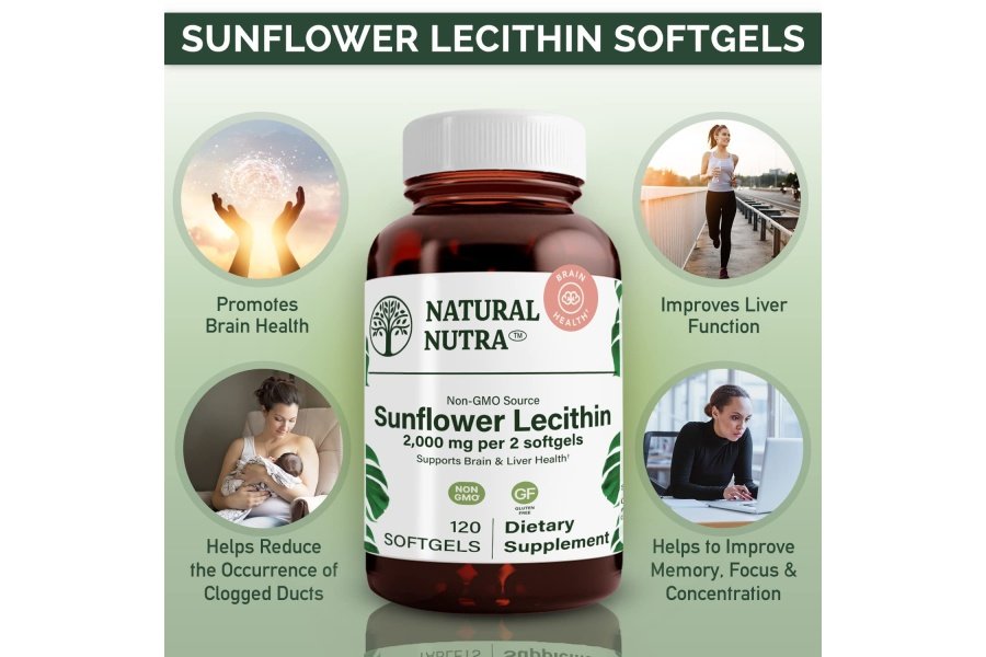Suplemento natural de lecitina de girasol Nutra 2000 mg, ayuda a mejorar la función hepática, potenciador de la memoria, promueve la salud del cerebro y el enfoque y la concentración, sin OGM, sin gluten, 120 cápsulas blandas - Image 4