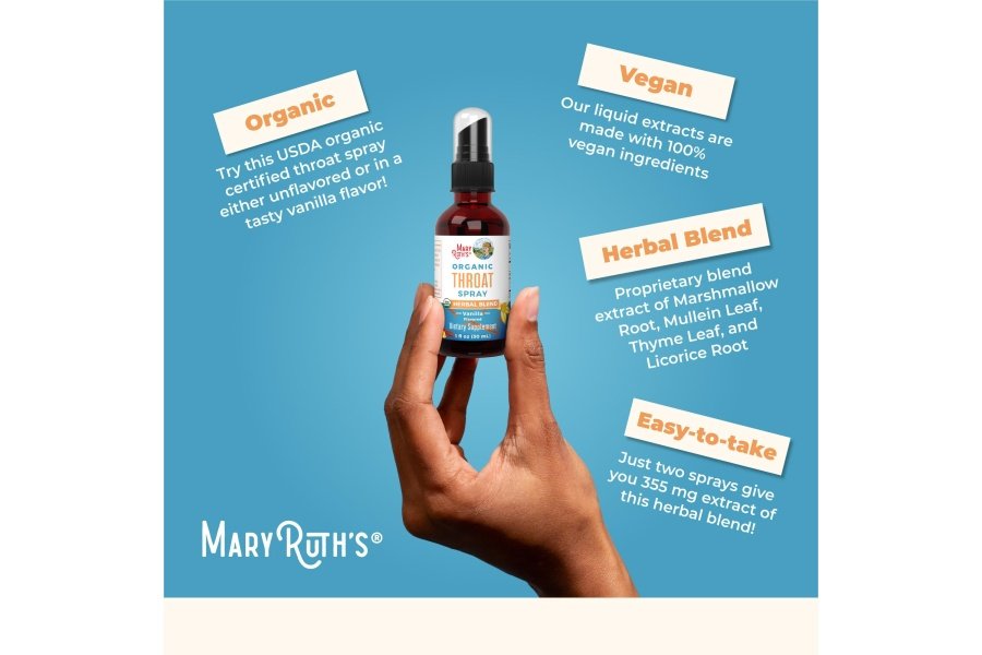 Spray para la garganta orgánico USDA con hoja de gordolobo de MaryRuth's | Raíz de malvavisco, raíz de regaliz y hoja de tomillo | Vainilla | 4 mezclas de hierbas | Sin OGM | Vegano | Sin gluten | 1 onza líquida | Hasta 100 porciones - Image 9