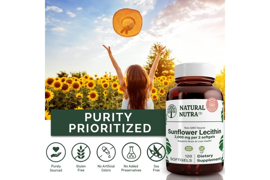 Suplemento natural de lecitina de girasol Nutra 2000 mg, ayuda a mejorar la función hepática, potenciador de la memoria, promueve la salud del cerebro y el enfoque y la concentración, sin OGM, sin gluten, 120 cápsulas blandas - Image 3