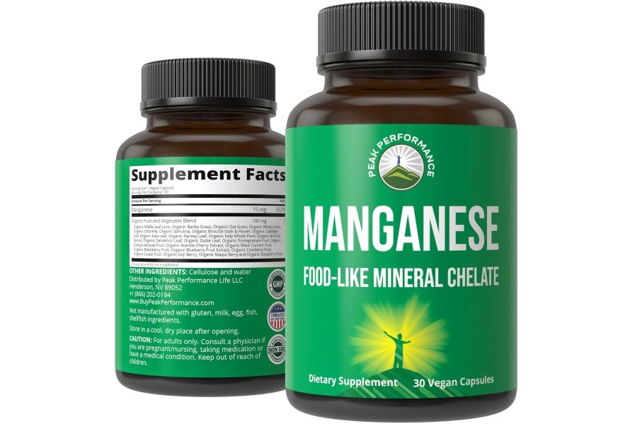 Suplemento de manganeso como alimento mineral quelado para una absorción superior con una mezcla de alimentos integrales de más de 25 frutas y verduras. Cápsulas de oligoelementos puros para el tejido conectivo, la salud ósea y el apoyo enzimático