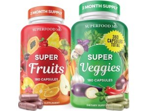 Suplemento superalimento de frutas y verduras – 360 suplementos enteros de frutas y verduras y vitaminas, niveles de energía natural, con hoja de olivo sin soja – 180 unidades (paquete de 2)