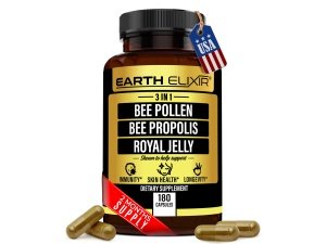 Earth Elixir 3 en 1 polen de abeja orgánico 840 mg (180 cápsulas) con cápsula de propóleo de abeja de 840 mg y cápsula de jalea real de 840 mg - Probado por terceros - Suplemento de polen de abeja - Cápsula de polen de abeja orgánico - Sin rellenos