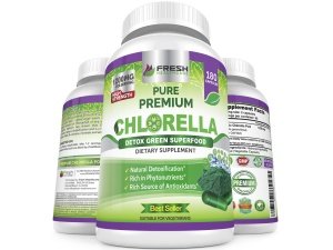 FRESH HEALTHCARE Suplemento premium de clorella, 1200 mg de cápsulas de polvo vegano puro, 180 píldoras de clorofila y CFG, superalimento de desintoxicación natural, contiene naturalmente vitaminas B y minerales