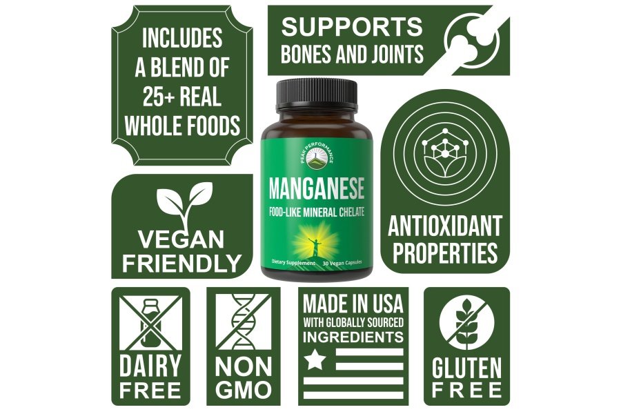 Suplemento de manganeso como alimento mineral quelado para una absorción superior con una mezcla de alimentos integrales de más de 25 frutas y verduras. Cápsulas de oligoelementos puros para el tejido conectivo, la salud ósea y el apoyo enzimático - Image 3