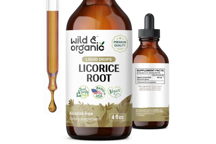 Extracto líquido de raíz de regaliz silvestre y orgánico - Suplemento de raíz de regaliz para la salud respiratoria y apoyo a la digestión - Tintura de Glycyrrhiza Glabra - Vegano, gotas sin alcohol - 4 fl oz