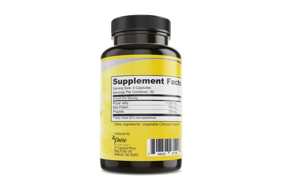 Suplemento de polen de abeja Pure By Nature con propóleo y jalea real para apoyo inmunológico, propiedades antioxidantes, 120 cápsulas vegetarianas sin OGM - Image 2