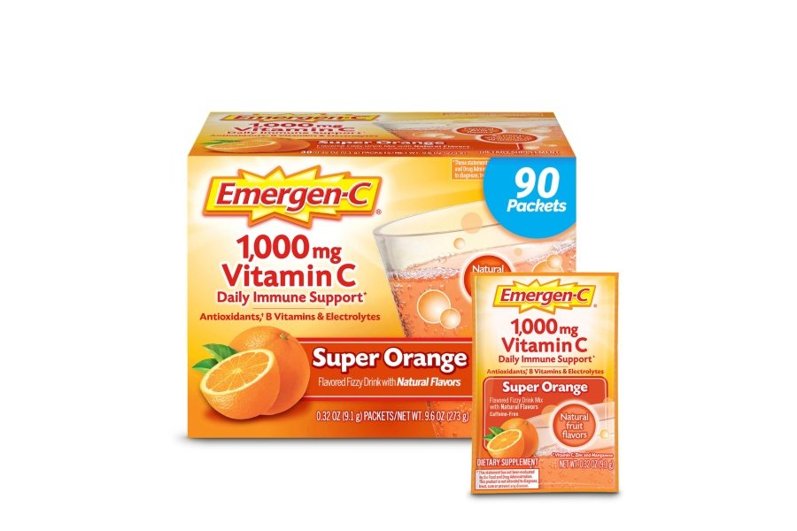 Emergen-C 1000 mg de vitamina C en polvo para apoyo inmunológico diario Suplementos de vitamina C sin cafeína con zinc y manganeso, vitaminas B y electrolitos, sabor súper naranja – 90 unidades/suministro de 3 meses