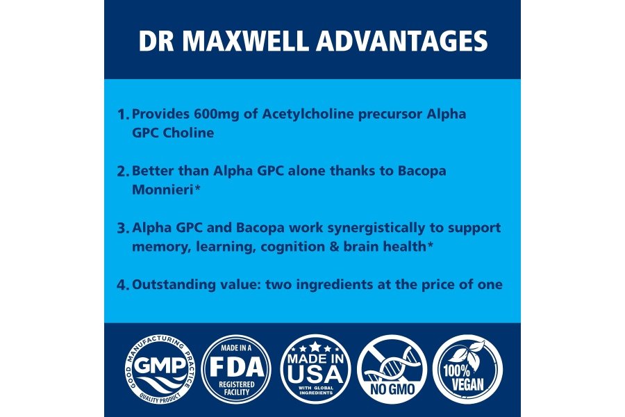 Dr. Maxwell Acetilcolina, Alfa GPC Colina 600 mg + Bacopa, mejor que cada uno por separado. Suplemento de acetilcolina más confiable (apoya la memoria y el aprendizaje), 60 cápsulas - Image 3