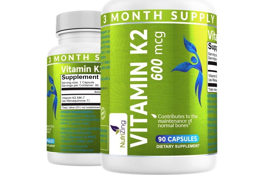 NutriZing K2 Suplemento vitamínico MK-7 - Alta resistencia 600 mcg - Apoya la salud ósea y arterial - 90 cápsulas veganas - Vitamina K2 para hombres y mujeres - Suministro de 3 meses